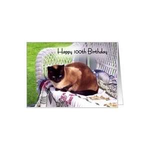   100th Birthday, Siamese cat on white wicker chair Card Toys & Games